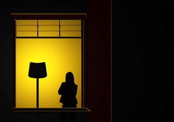 Fototapeta na wymiar Silueta de mujer, ventana, casa, lámpara, encendida, luz, ilustración.