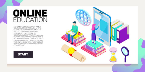 Isometric online education vector banner. E-learning. Imagination ad creativity.