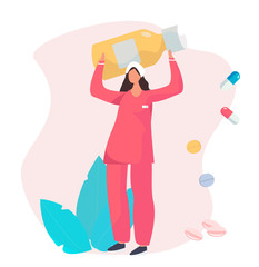 Nurse Carry the Medicine.Female Doctos in Medical Pink Gown is Holding Drug in the hospital.Medical Aid.Social Worker Care.Pink background with Plants, Capsules and Pills.Vector Illustration