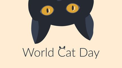 World Cat Day concept. Vector illustration of a top looking funny black cat. Pastel yellow color background. Banner, for the web, social networks.