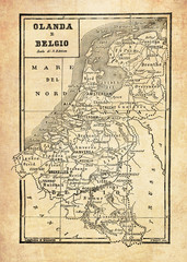 Ancient map of Netherlands and Belgium countries in Western Europe with maritime borders on the...