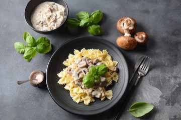Creamy Mushroom Fettucini Alfredo pasta. Italian food 