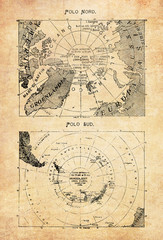 Ancient maps of the North Pole  in the middle of the Arctic Ocean and the South Pole with the continent of Antarctica with geographical Italian names and descriptions