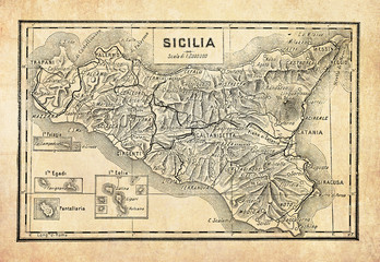 Fototapeta na wymiar Ancient map of Sicily the largest island in the Mediterranean Sea and one of the 20 regions of Italy with the surrounding smaller islands, with geographical Italian names and descriptions