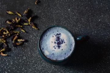 Healthy Blue Butterfly Pea Latte Tea from flowers Clitoria ternatea plant or Asian pegion wings . Detox, antioxidant, anti-stress, anti- ageing beverage 
