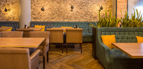 Empty restaurant with modern interior, copy space