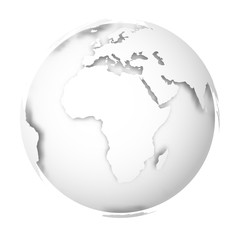 Earth globe. 3D world map with white lands dropping shadows on light grey seas and oceans. Vector illustration