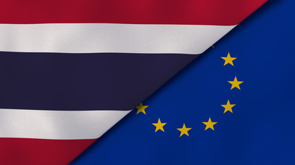 The flags of Thailand and European Union. News, reportage, business background. 3d illustration