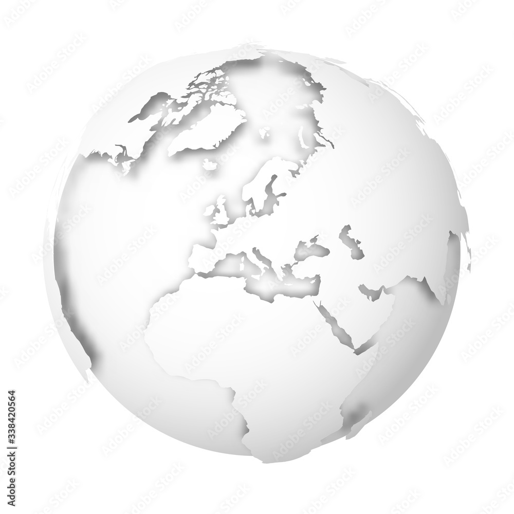 Poster earth globe. 3d world map with white lands dropping shadows on light grey seas and oceans. vector il - Posters