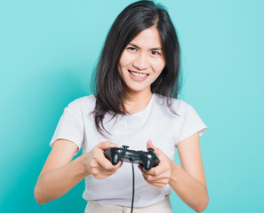 woman wear t-shirt gamer with a joystick