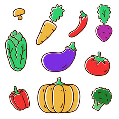 Set of vegetable vector illustration in colorful doodle style isolated on white background 