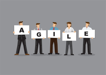 Illustration of business people holding white board cards title agile on a grey background.