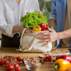 Young couple cooking healthy and tasty food from fresh vegetables