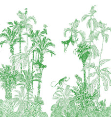 Fototapeta na wymiar Panorama View Border Monkeys in Palms, Jungle Tropics Monochrome Lithography Exotic Wild Animals Green on White Background, Tropical Etching Wallpaper Design