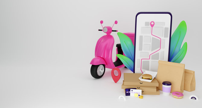Food delivery service. Illustration for web banners, hero images, printed materials. 3d render
