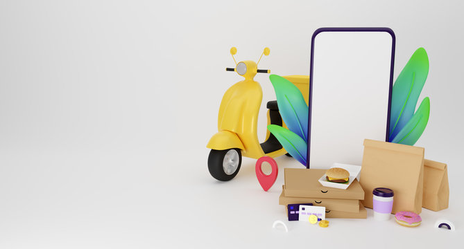 Food delivery service. Illustration for web banners, hero images, printed materials. 3d render