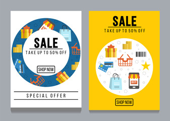 Shopping icons. Flat design vector illustration icons of e-commerce symbols, internet shopping elements and objects in retro stylish color. Banner online shoping.