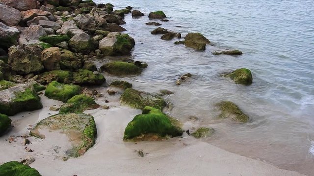 Calm and small waves hitting the rocks on Labadee Island, Haiti.