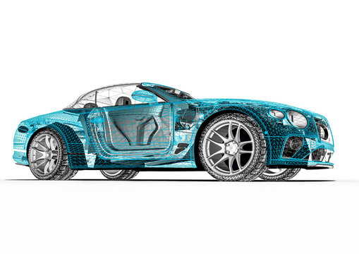 Concept car blueprint – 3D perspective. Machine, print.