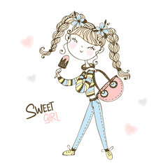 Fashionable cute teen girl with pigtails eating ice cream. Vector.
