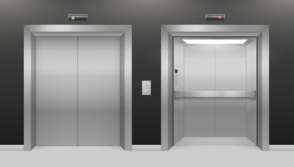 Lift doors in building, architecture and transportation entrance