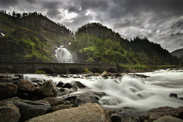 Latefossen waterfall throught the bridge in Norway