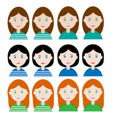 Set of different sad and happy characters. Female persons with red, brown and black hair. Flat vector illustration. Usable for banners, posters, scales