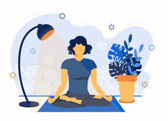Yoga online. Girl coach conducts a lesson live. Concept for yoga courses or website design. Flat illustration isolated on white background. Sport at home