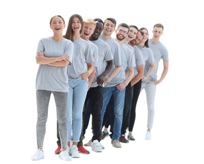 group of young people in gray t-shirts standing in a row