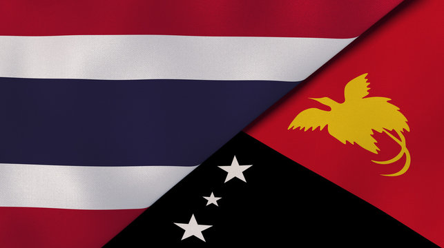 The flags of Thailand and Papua New Guinea. News, reportage, business background. 3d illustration