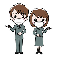 マスクを付けたスーツ姿の男女が案内している