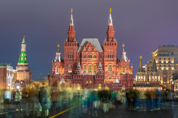 The State Historical Museum and part of the Kremlin on the Red square in Moscow, Russia at night....