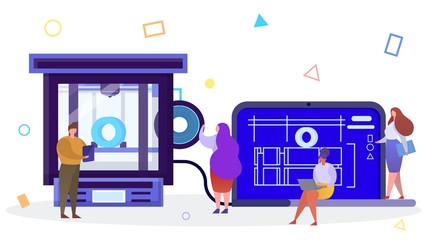 3d printing technology in flat style vector illustration. Spool of thread for 3d printing. An engineer holds a tablet in hand with a print interface. On a laptop model diagram for 3d printing.