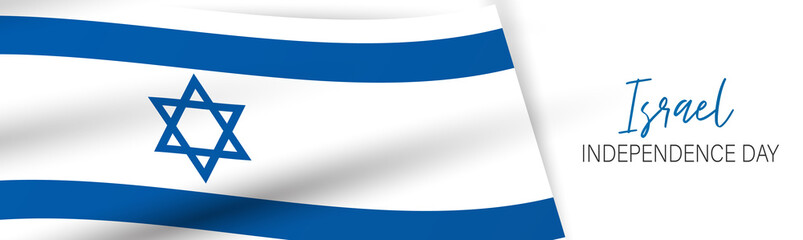 Israel Independence Day banner or site header. National holiday design template. Israeli symbolics background with blue and white flag. Vector illustration.