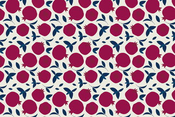 Pomegranate fruit and leaves pattern on white background.
