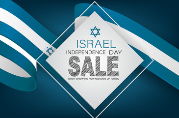 Israel Independence Day sale. National holiday design template. Israeli symbolics banner or flyer with blue waving flag ribbon. Vector illustration.