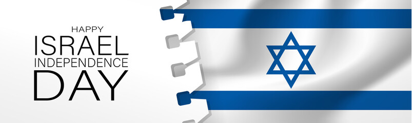 Israel Independence Day banner or site header. National holiday design template. Israeli symbolics background with blue and white flag. Vector illustration.