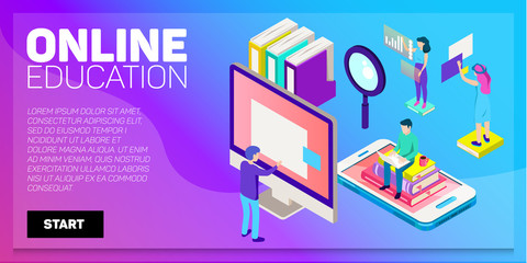 Isometric online education vector banner. E-learning. Imagination ad creativity.