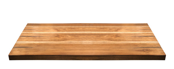 Perspective view of wood or wooden table top corner on white background including clipping path, template mock up for display products.