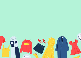 Different clothes on a green background. Sale banner