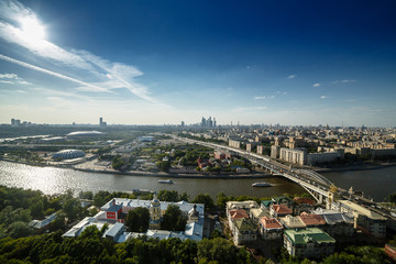city, moscow, view, panorama, river, horizon, cityscape, travel, bridge, architecture, night, landscape, sky, water, building, tourism, blue, capital, panoramic, sea, aerial photography