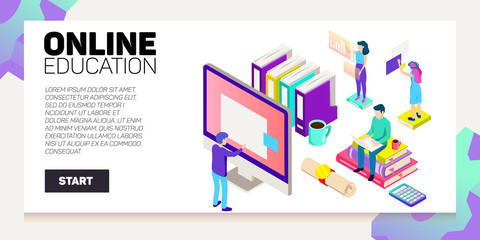 Isometric online education vector banner. E-learning. Imagination ad creativity.