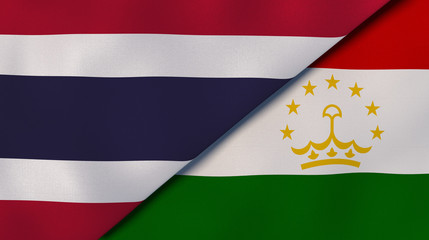 The flags of Thailand and Tajikistan. News, reportage, business background. 3d illustration