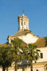 Storks nest on white cathedral tower with beautiful sunlight in village of Southern Spain off highway A49 west of Sevilla