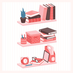 Shelves with books and other household items. Home library. Organizing the order of things on the shelves in the living room