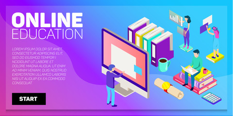 Isometric online education vector banner. E-learning. Imagination ad creativity.