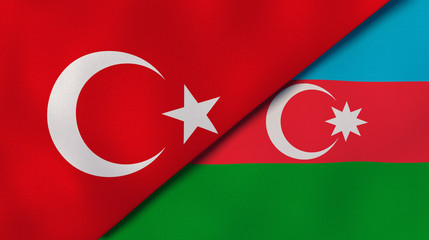 The flags of Turkey and Azerbaijan. News, reportage, business background. 3d illustration