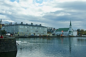 Iceland-view of city Reykjavik and Lake Tjornin