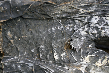 Background of old burlap with holes and cobwebs. Grunge texture for halloween