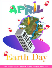 Vector. Earth Day with aliens and buildings, planeta